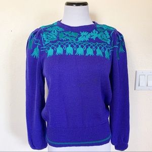 Vintage 80s Embroidered Peasant Sleeve Sweater M